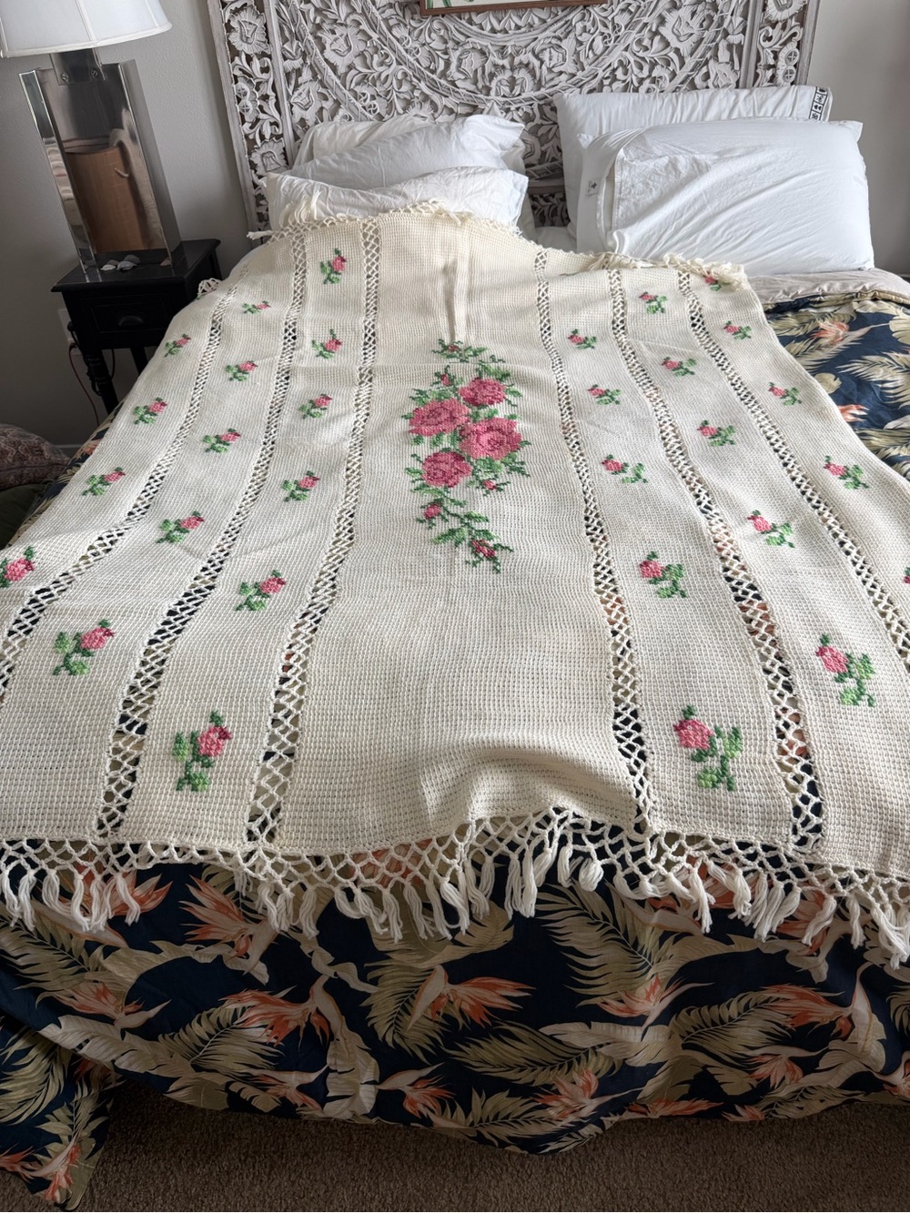 Cream Crochet Throw Blanket with Pink Rose Embroidery